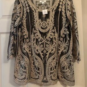 Cato Black and Cream Embroidered Tunic Silver Accents Scoop Neck